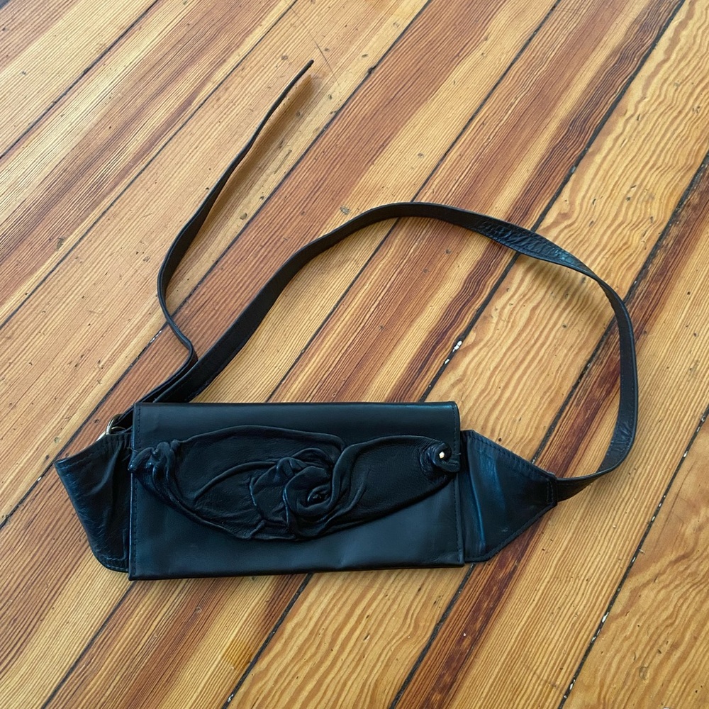 Vintage Black leather fanny pack sleek bum bag embossed with flower